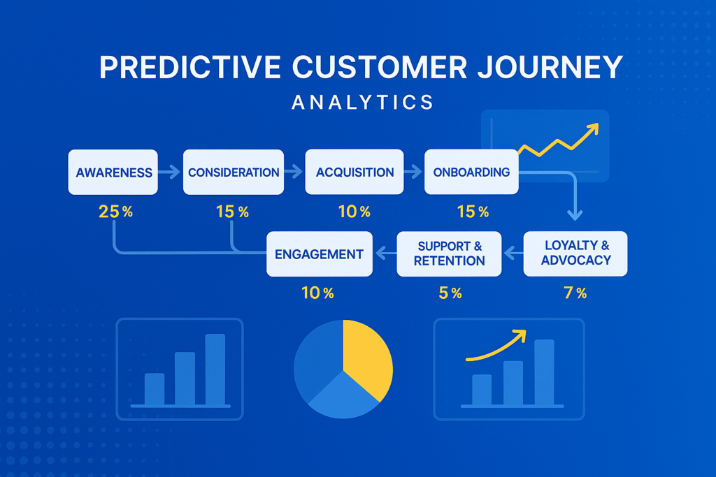 Customer journey stages from awareness to loyalty illustrated with analytics and percentages.