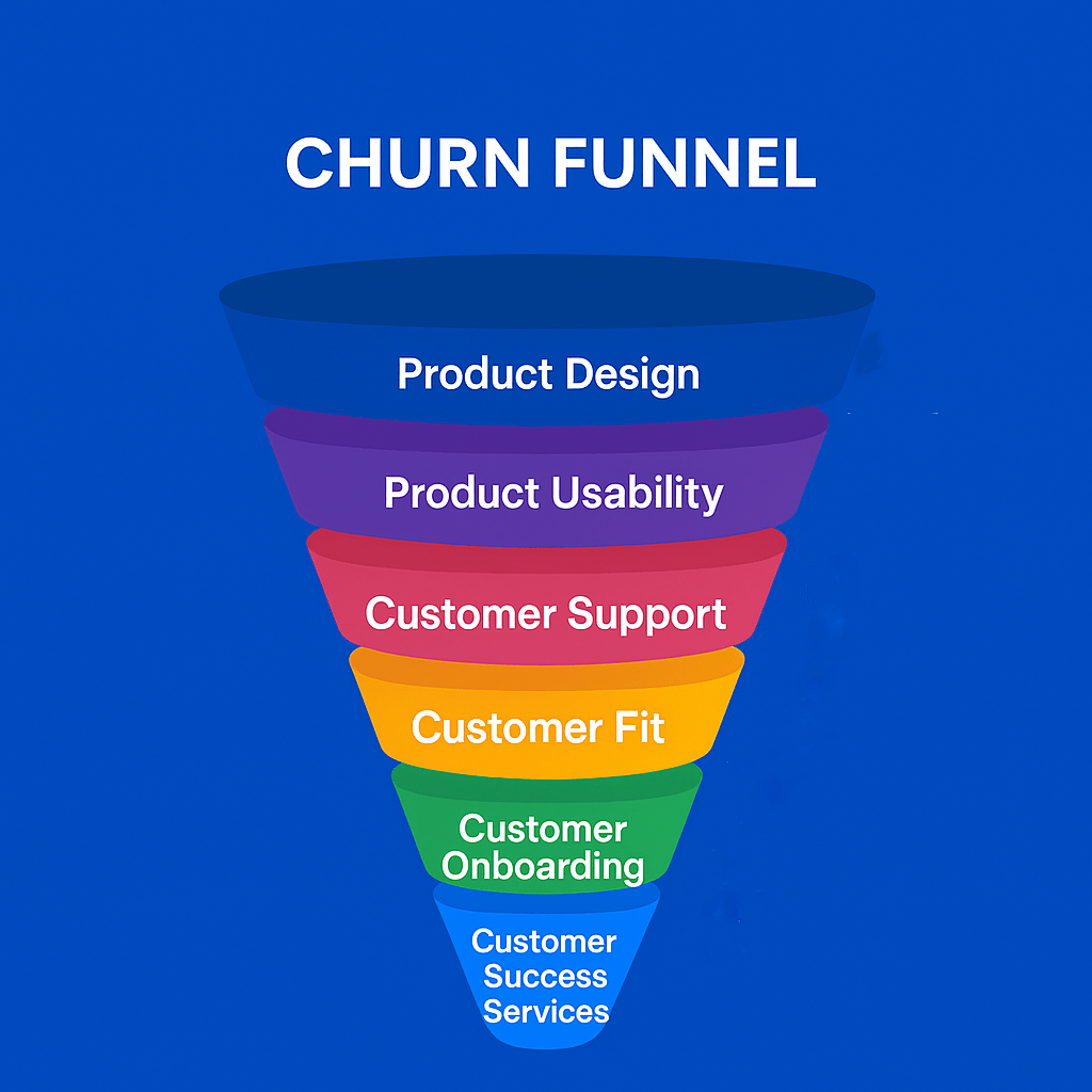 Predictive churn funnel from behavioral signals to retention actions.